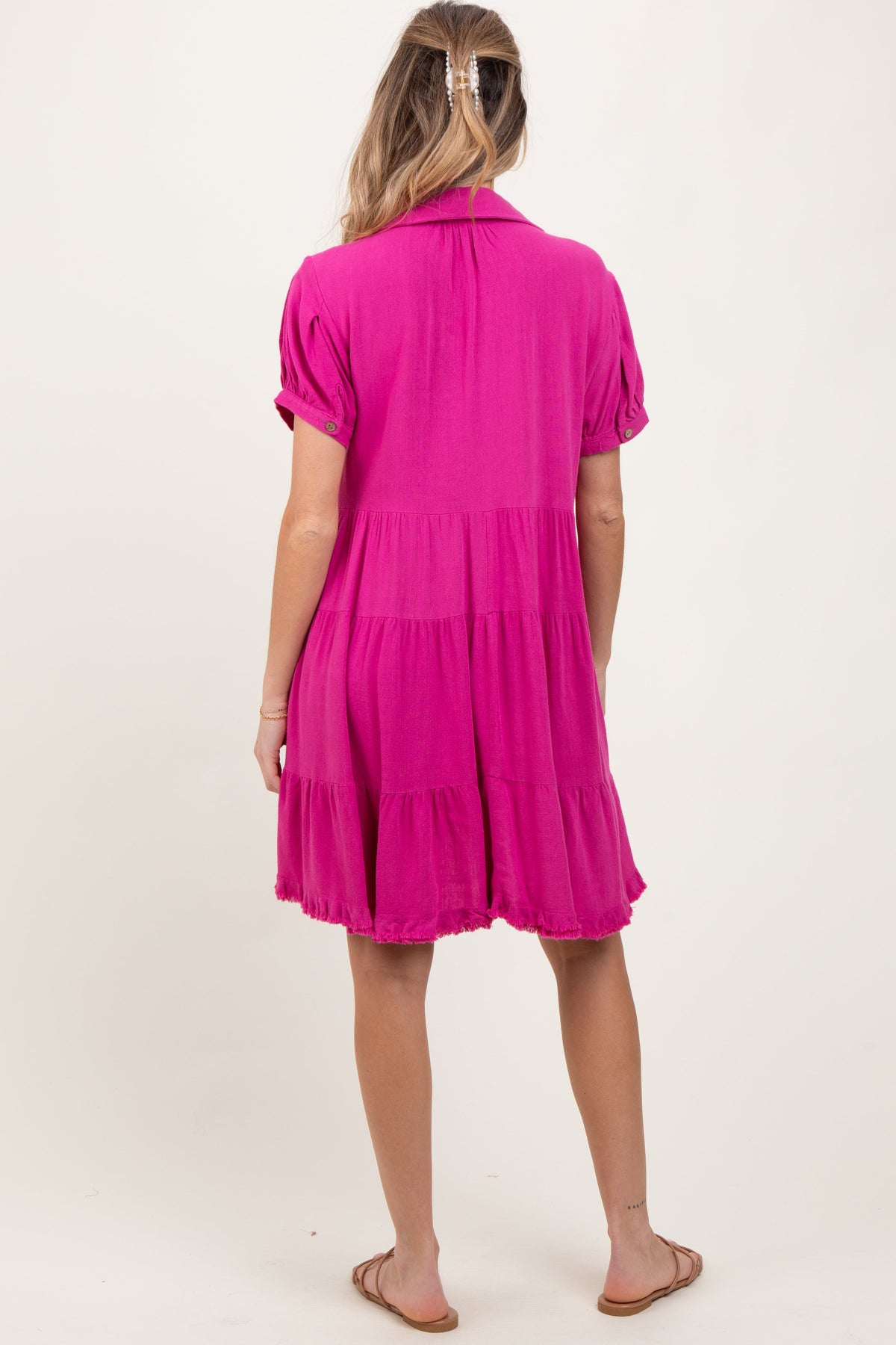 Fuchsia Tiered Collared Linen Maternity Dress