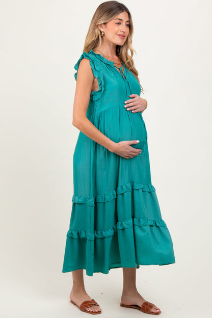 Green Ruffle Accent Tiered Front Tie Maternity Midi Dress