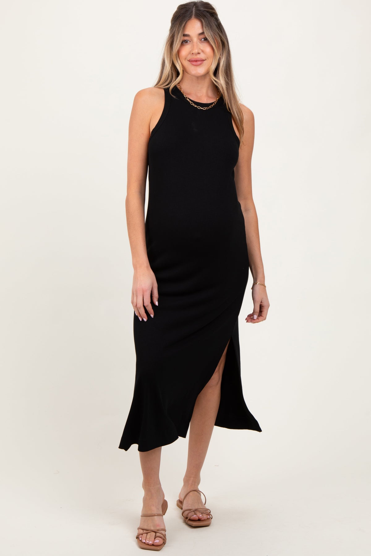 Black Sleeveless Side Slit Maternity Midi Dress
