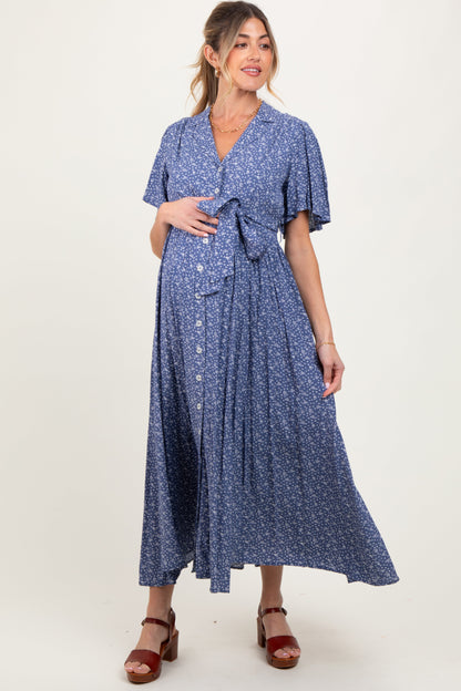 Blue Flutter Sleeve Button Down Maternity Maxi Dress
