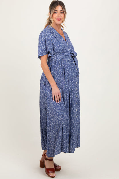 Blue Flutter Sleeve Button Down Maternity Maxi Dress