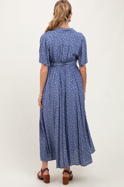 Blue Flutter Sleeve Button Down Maternity Maxi Dress