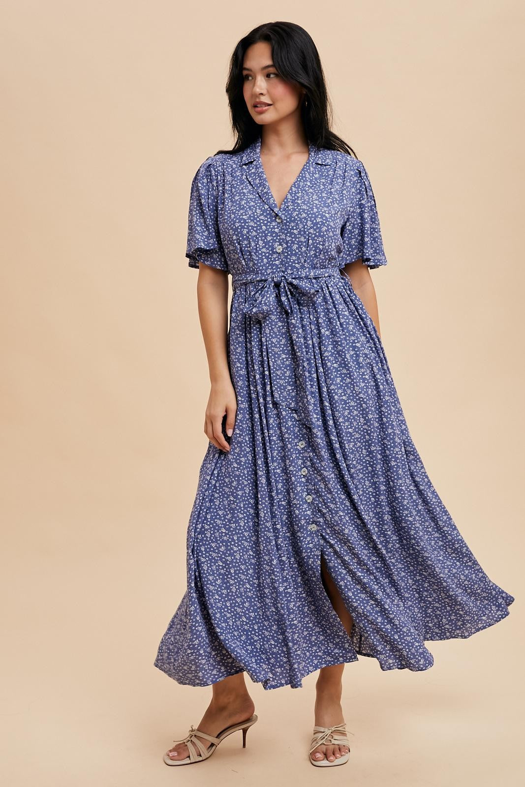 Blue Flutter Sleeve Button Down Maternity Maxi Dress