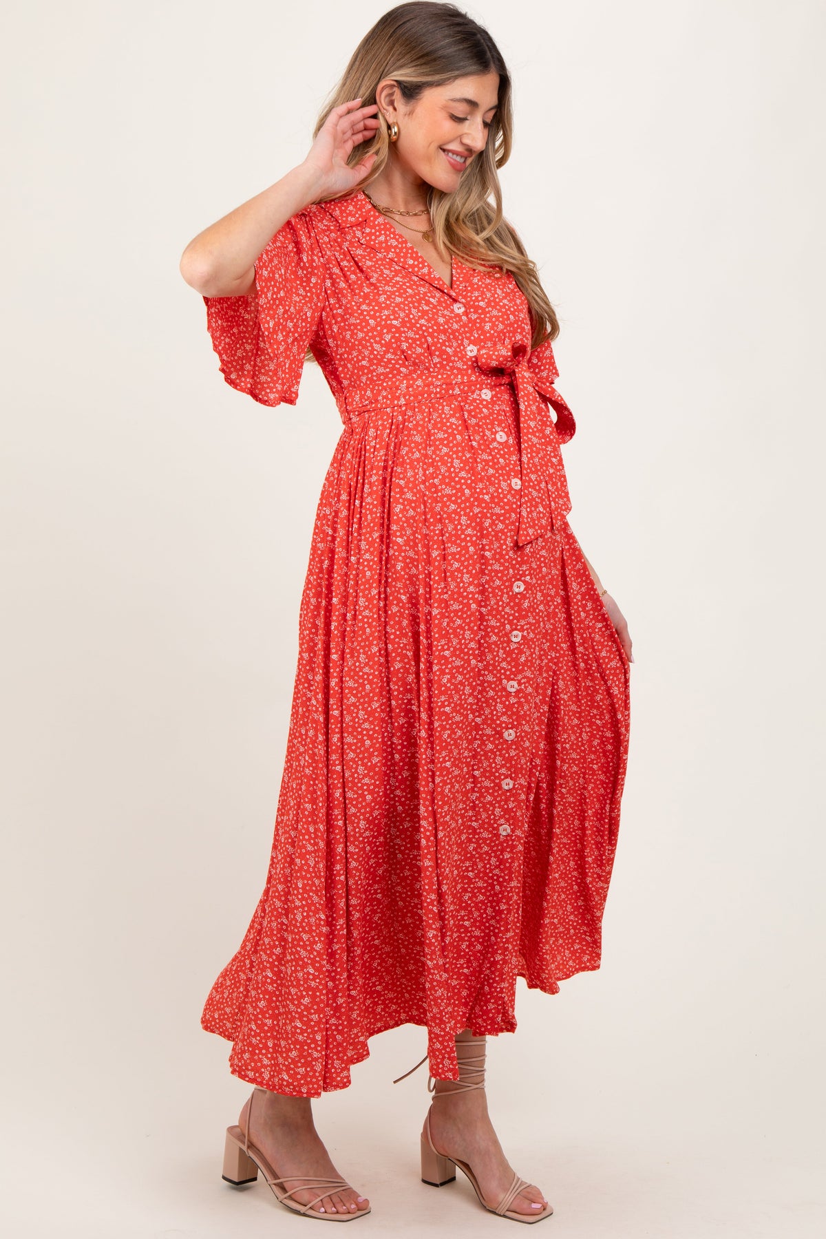 Red Flutter Sleeve Button Down Maternity Maxi Dress