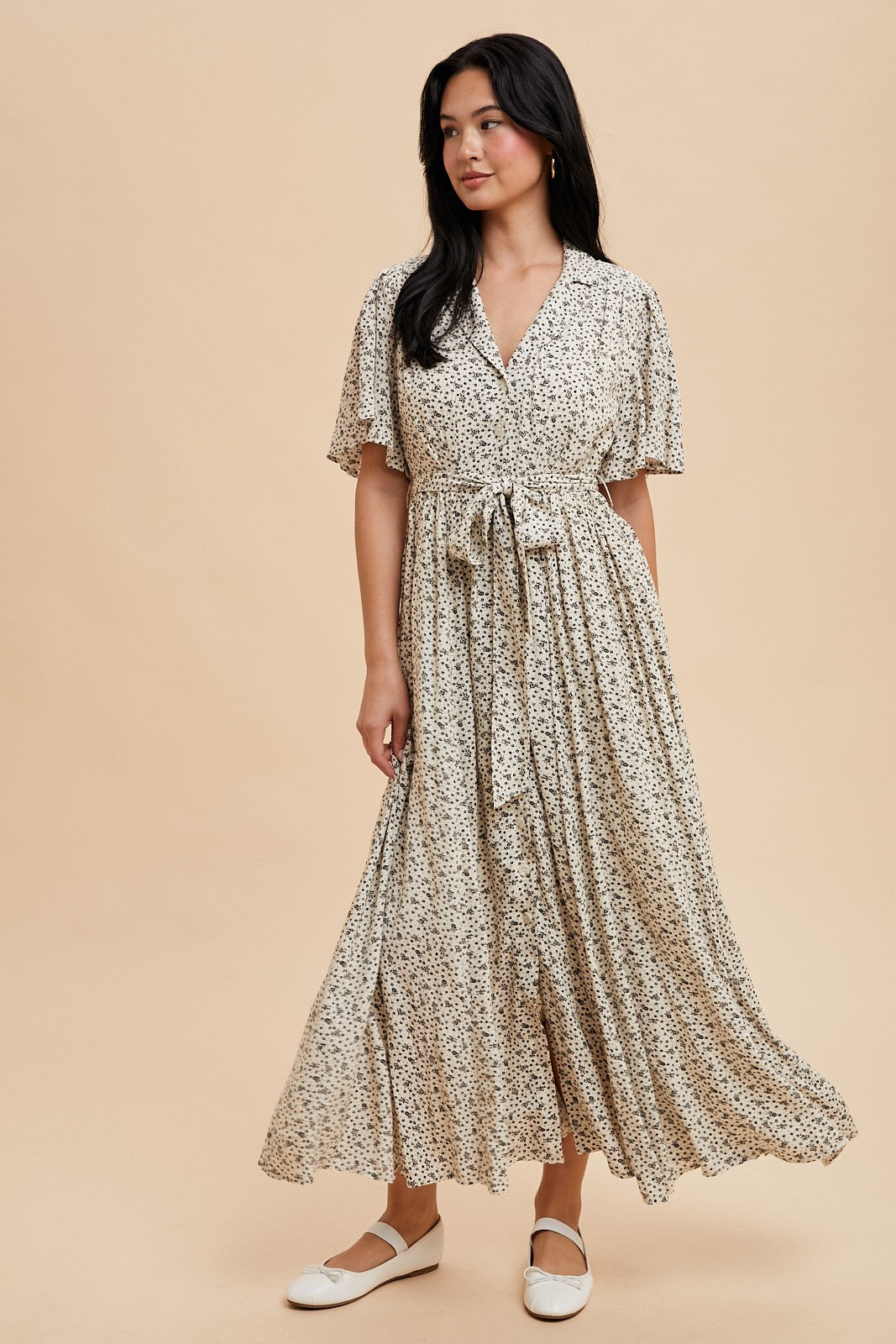 Cream Flutter Sleeve Button Down Maternity Maxi Dress