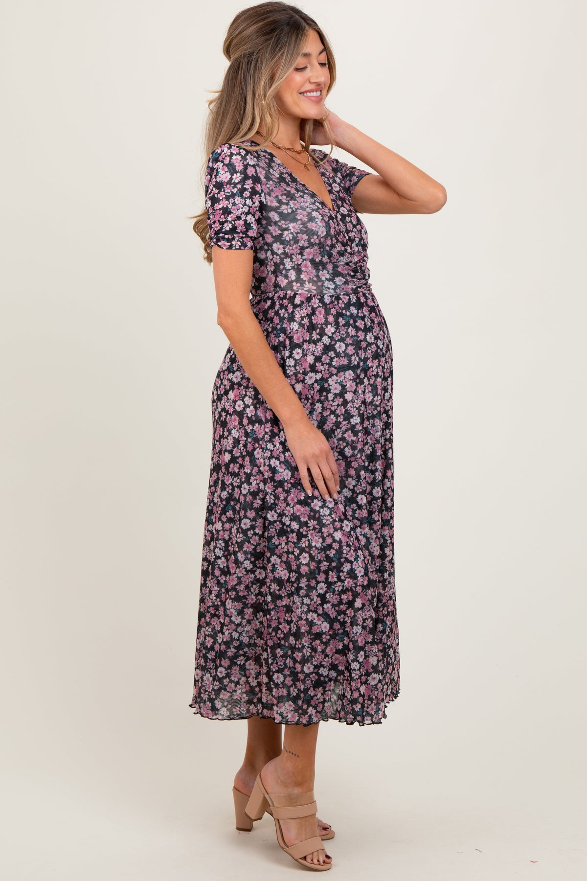 Black Floral Reversible Front Cinched Maternity Midi Dress