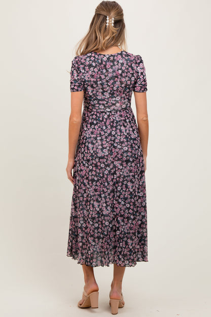 Black Floral Reversible Front Cinched Maternity Midi Dress