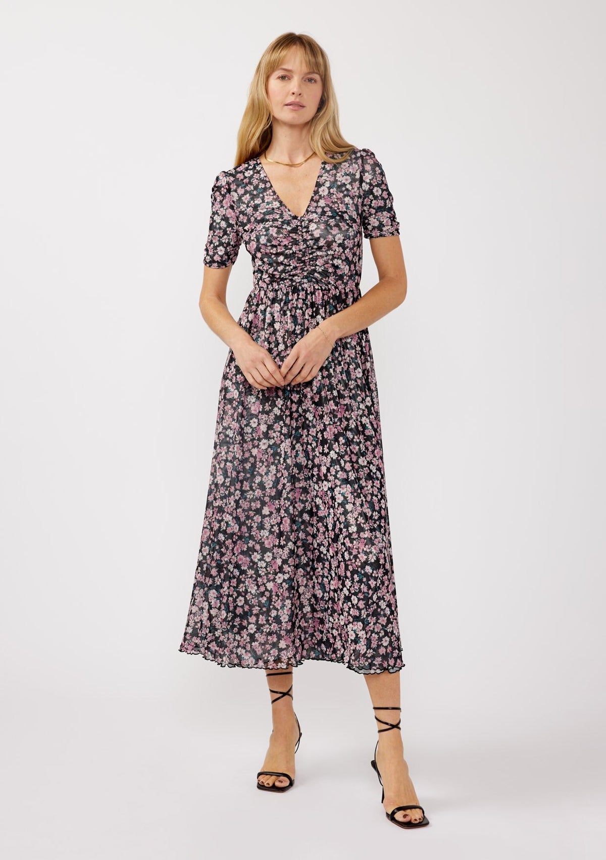 Black Floral Reversible Front Cinched Maternity Midi Dress