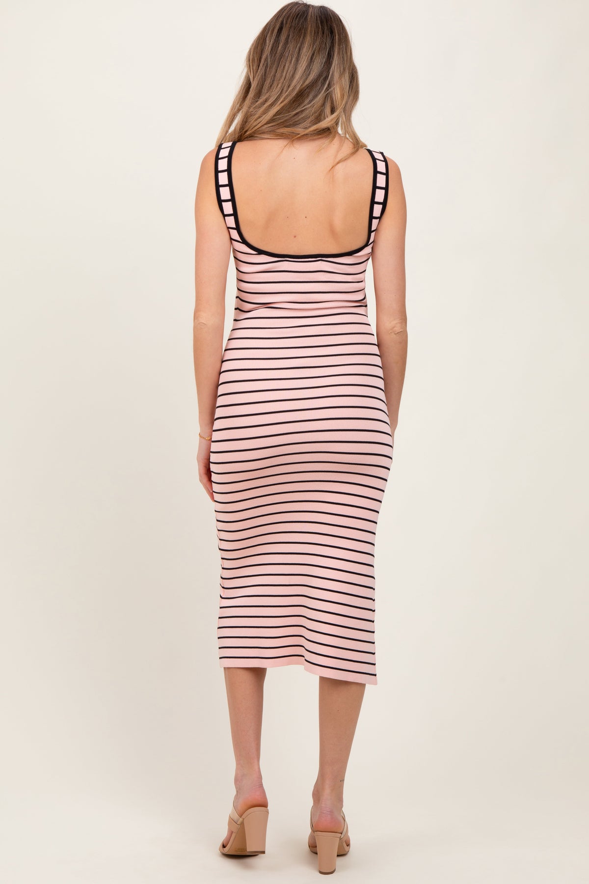 Light Pink Striped Knit Square Neck Maternity Midi Dress