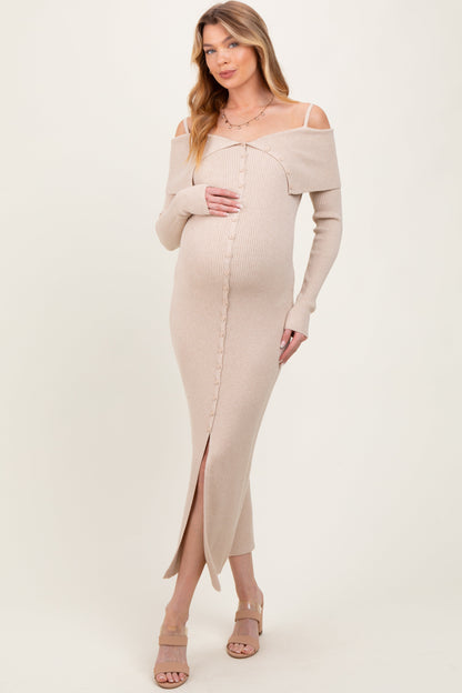 Beige Off Shoulder Long Cardigan Maternity Maxi Dress