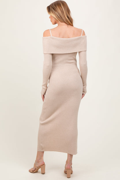 Beige Off Shoulder Long Cardigan Maternity Maxi Dress