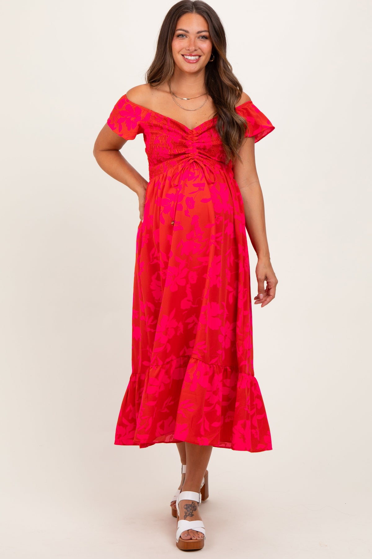 Red Multi Smocked Top Maternity Maxi Dress