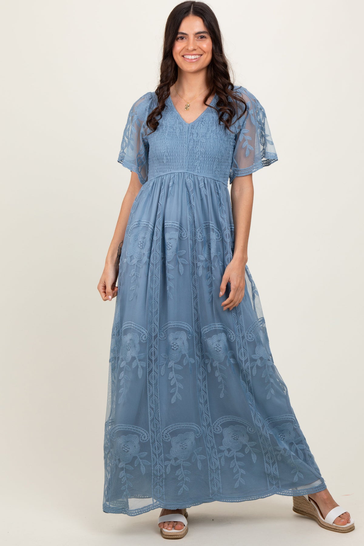 Blue Smocked Top Lace Maternity Maxi Dress