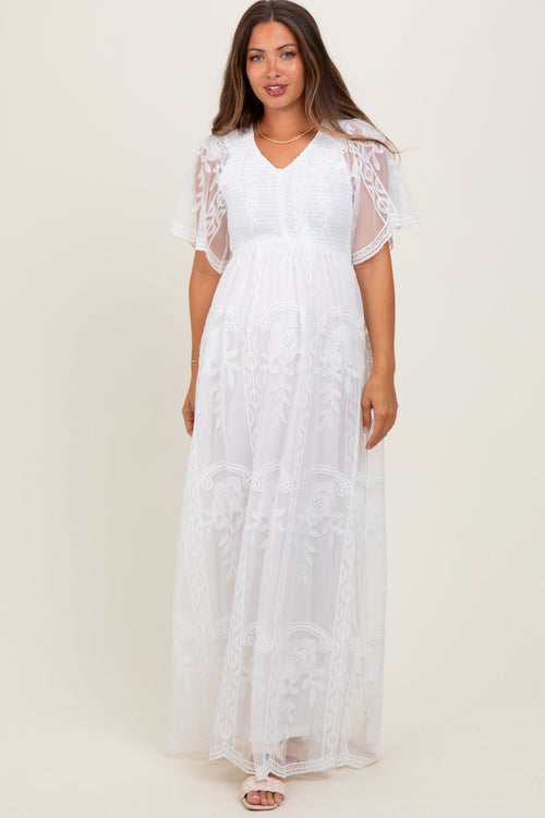 White Smocked Top Lace Maternity Maxi Dress