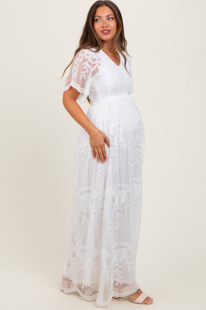 White Smocked Top Lace Maternity Maxi Dress