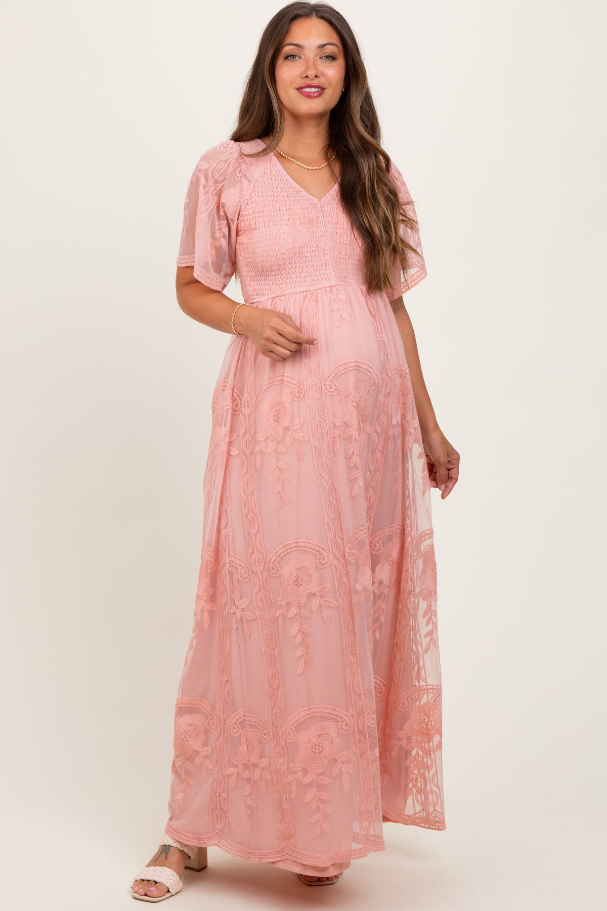 Pink Smocked Top Lace Maternity Maxi Dress