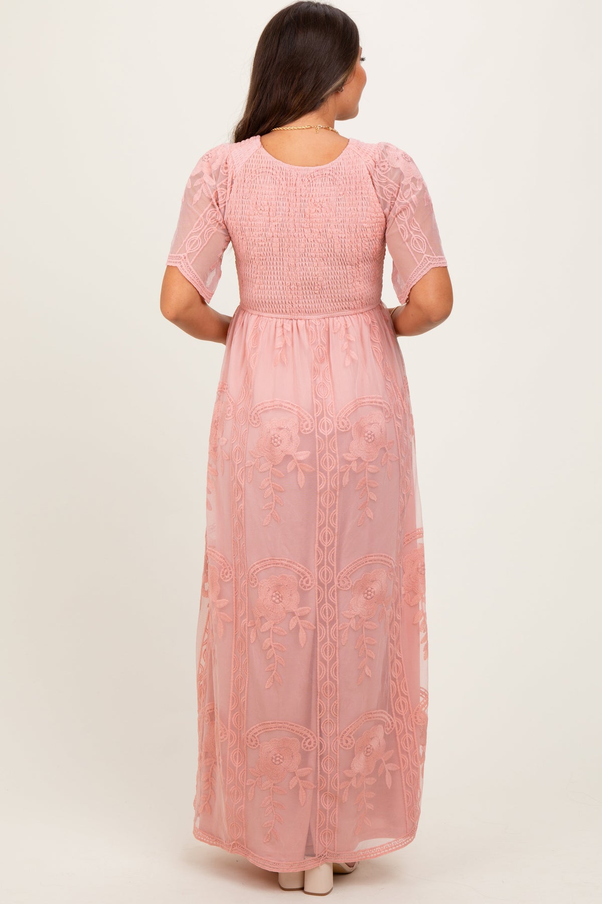 Pink Smocked Top Lace Maternity Maxi Dress