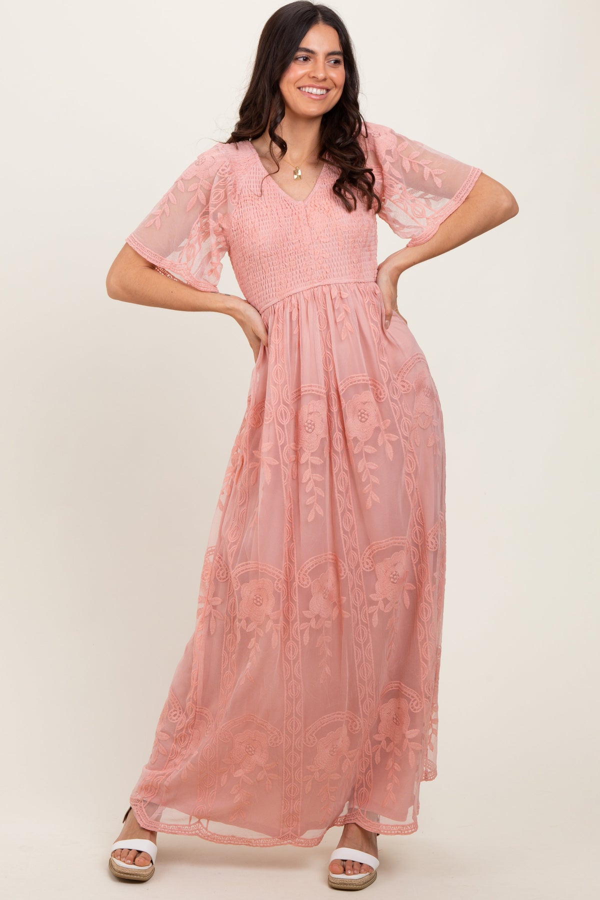 Pink Smocked Top Lace Maternity Maxi Dress