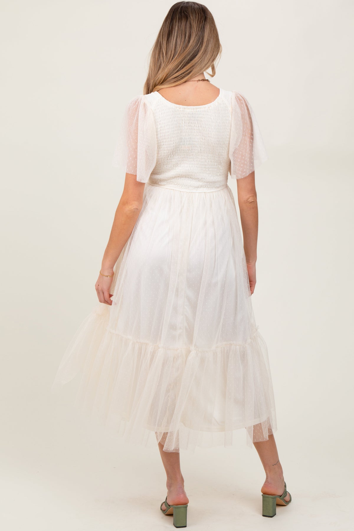 Beige Dotted Tulle Smocked Maternity Midi Dress