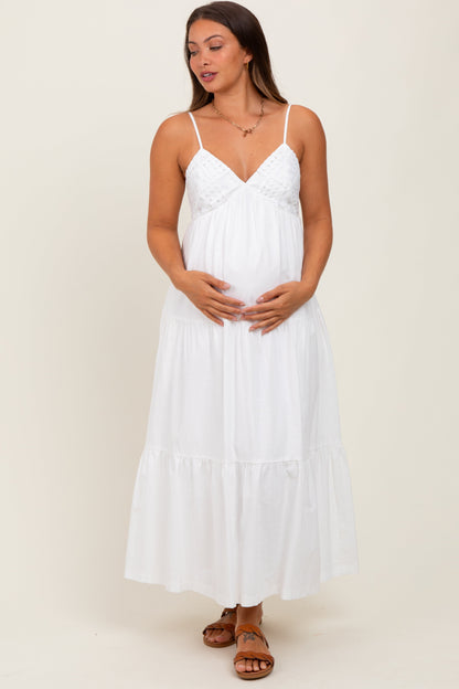 White Crochet Flare Smocked Maternity Maxi Dress