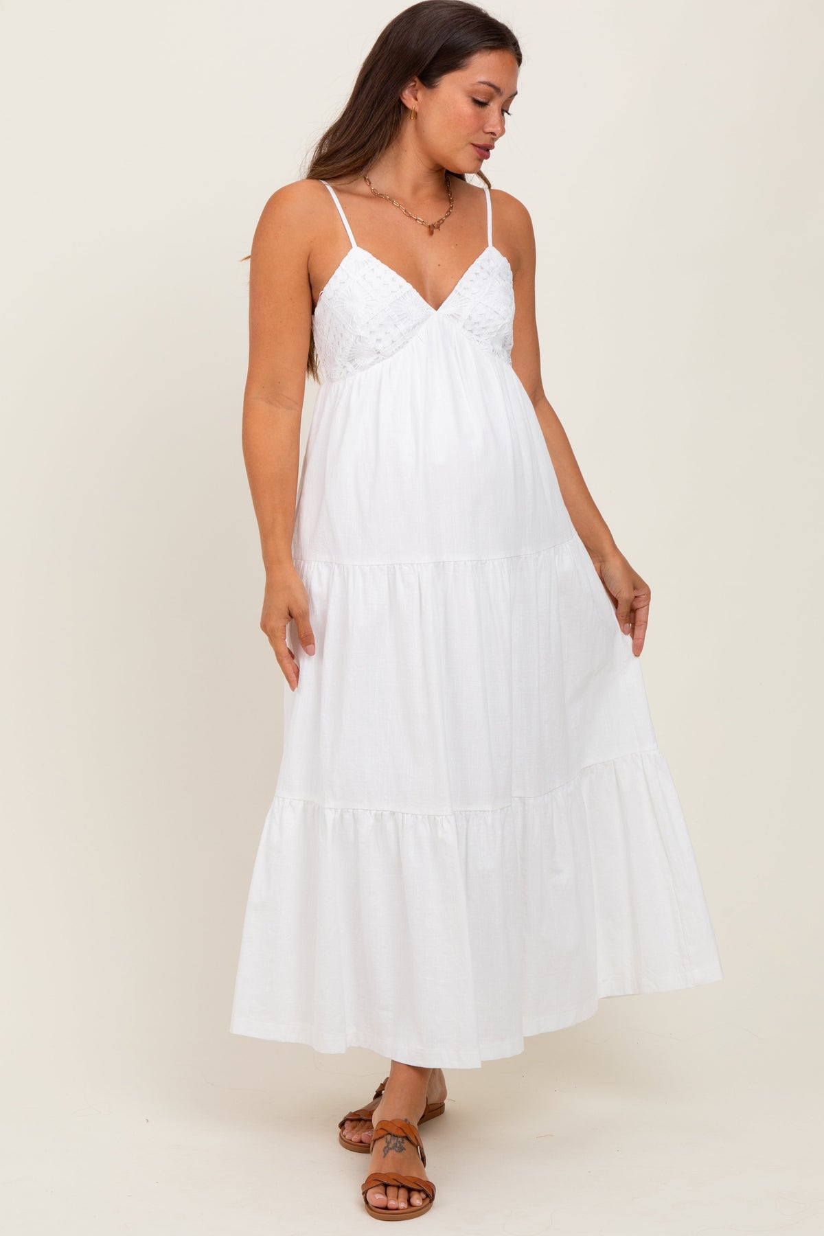 White Crochet Flare Smocked Maternity Maxi Dress