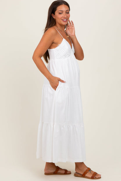 White Crochet Flare Smocked Maternity Maxi Dress
