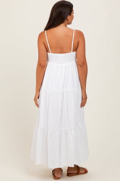 White Crochet Flare Smocked Maternity Maxi Dress
