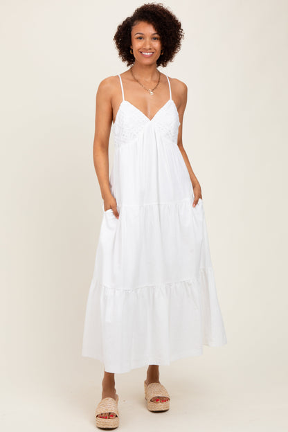 White Crochet Flare Smocked Maternity Maxi Dress