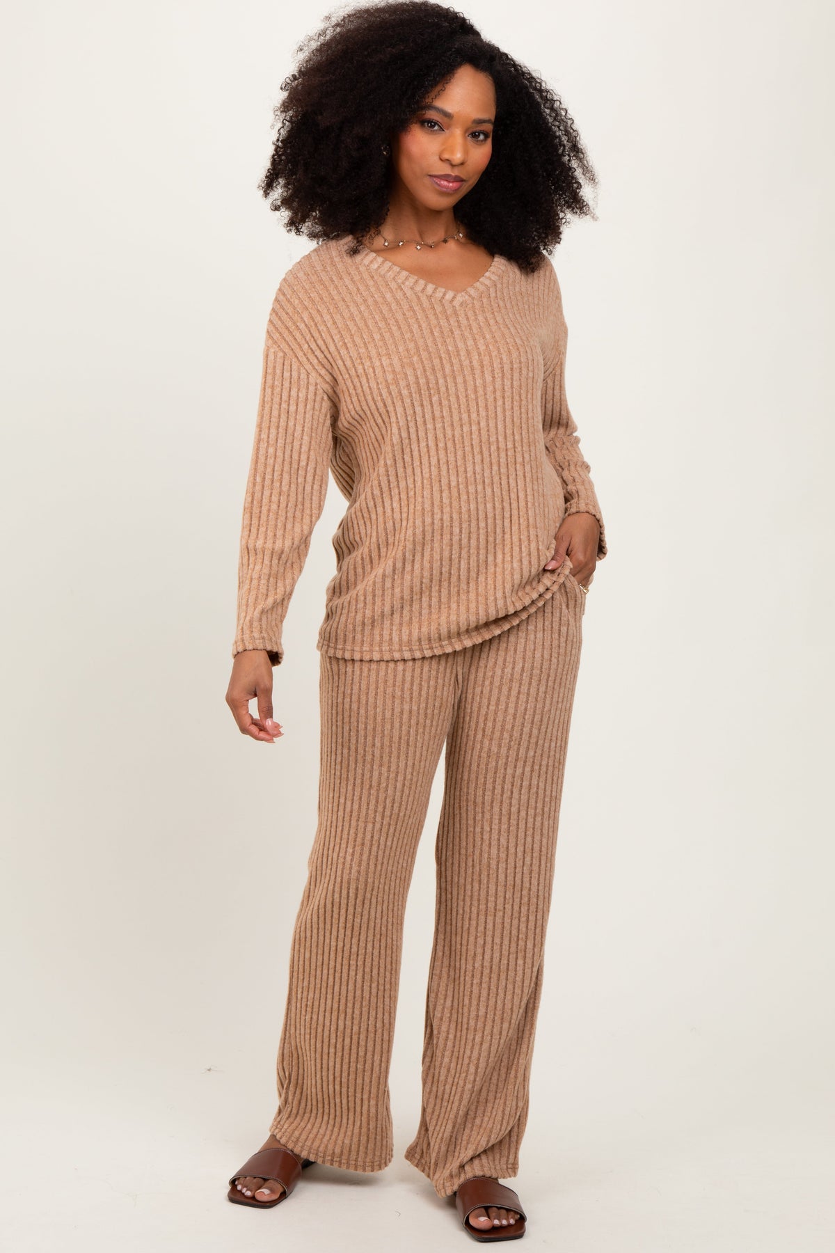 Taupe Ribbed Soft Knit Long Sleeve Maternity Pajama Set