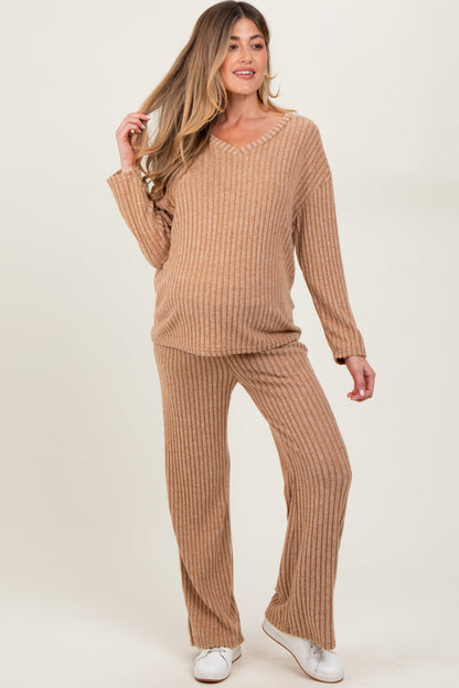 Taupe Ribbed Soft Knit Long Sleeve Maternity Pajama Set