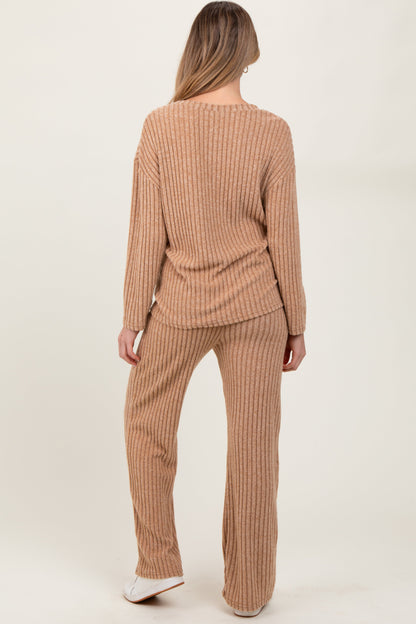 Taupe Ribbed Soft Knit Long Sleeve Maternity Pajama Set