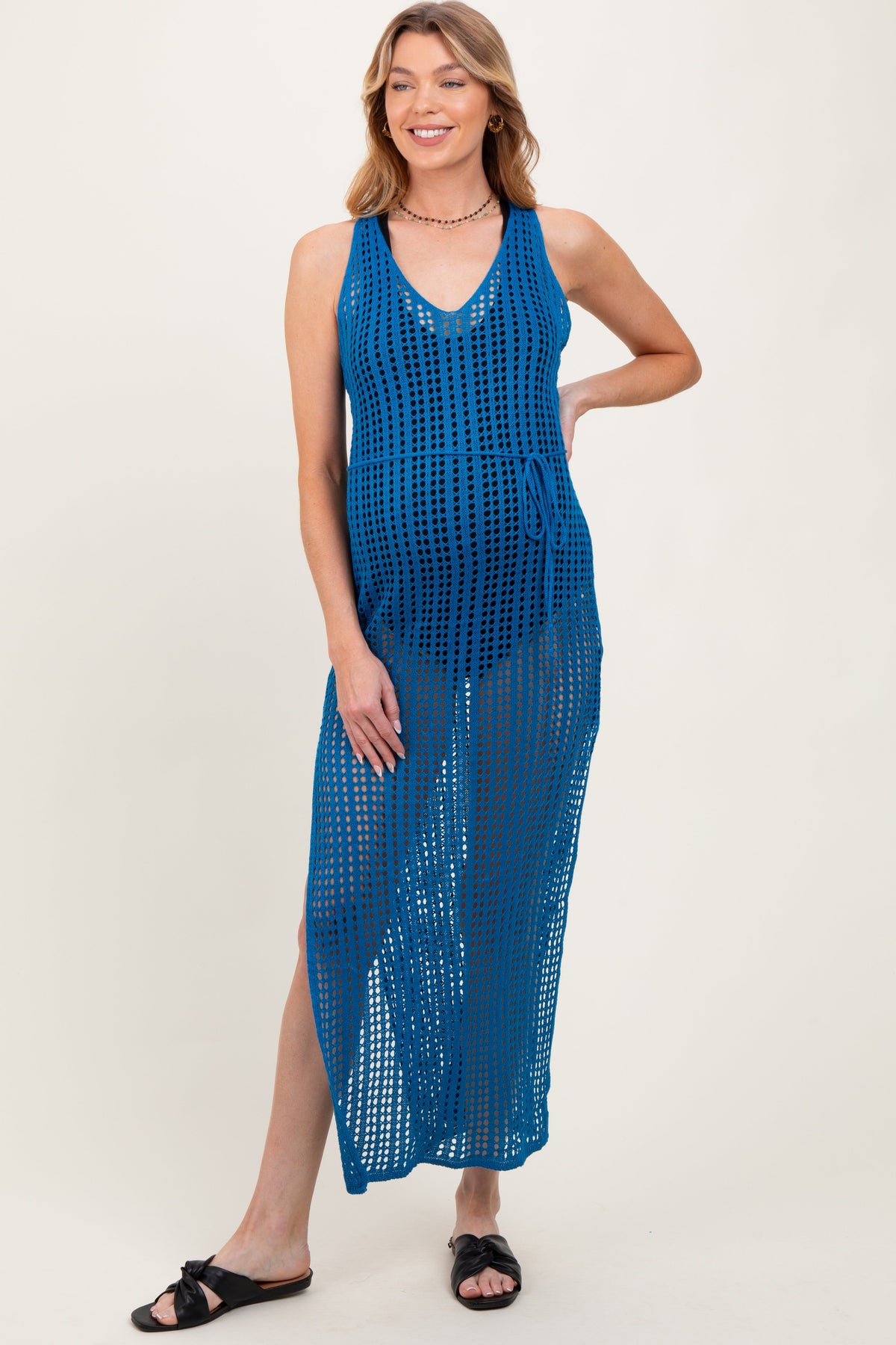 Blue Crochet V-Neck Side Slit Maternity Cover Up