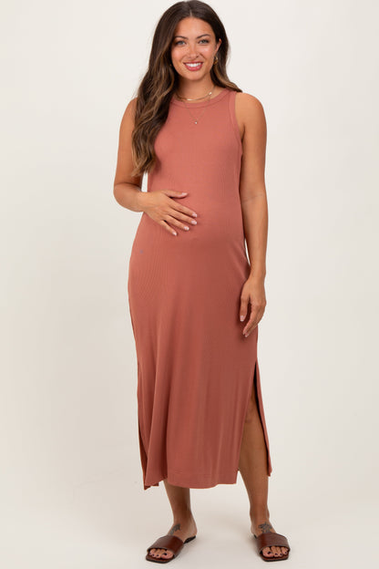 Rust Sleeveless Side Slit Maternity Midi Dress