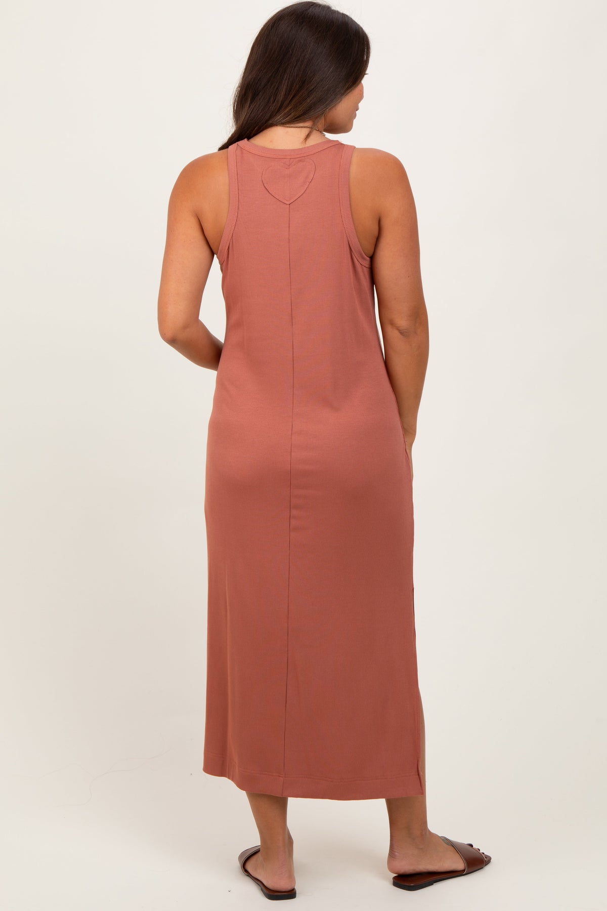 Rust Sleeveless Side Slit Maternity Midi Dress