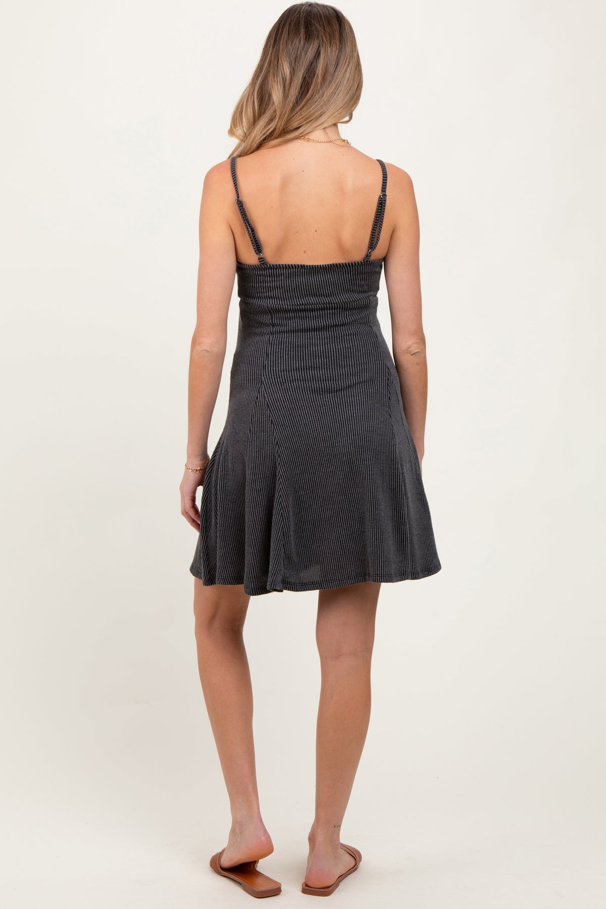 Charcoal Solid Ribbed Knitted Adjustable Strap Sleeveless Maternity Mini Dress