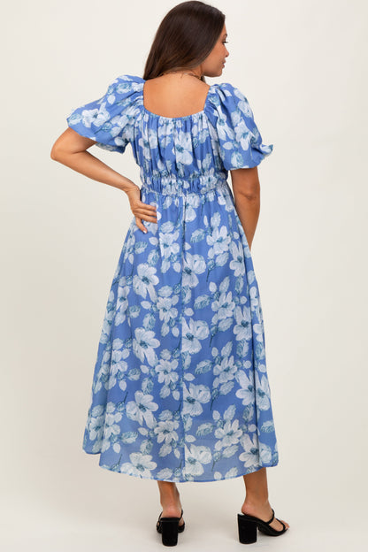 Blue Multi Printed Floral Square Neck Maternity Midi Dress