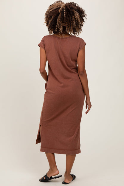 Camel Casual Sleeveless Pocketed Maternity Midi Dress
