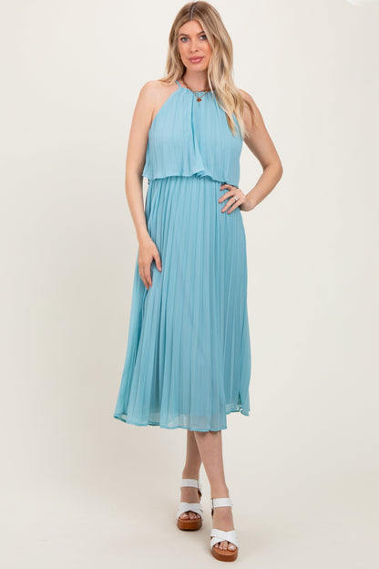 Blue Pleated Woven Maternity Midi Dress