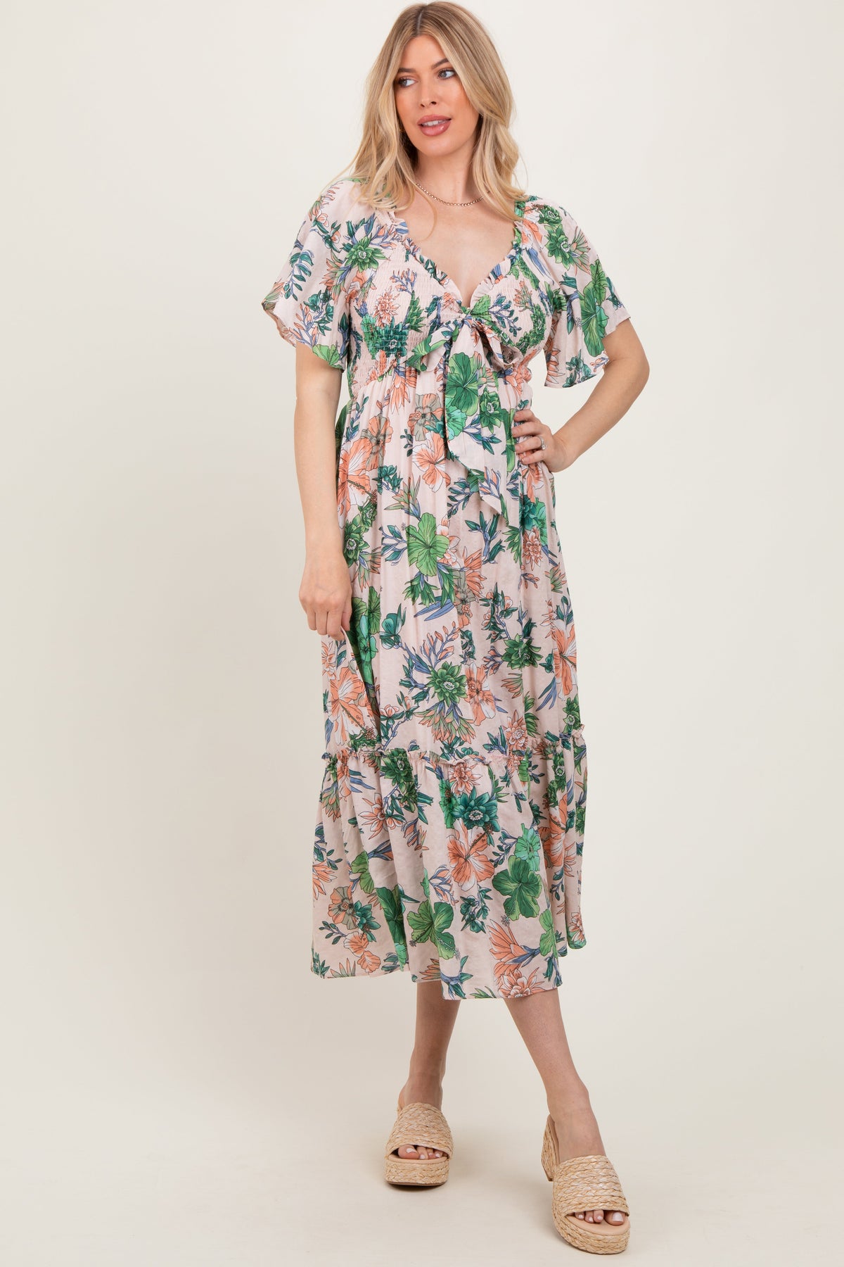 Light Pink Floral Print Woven Maternity Midi Dress