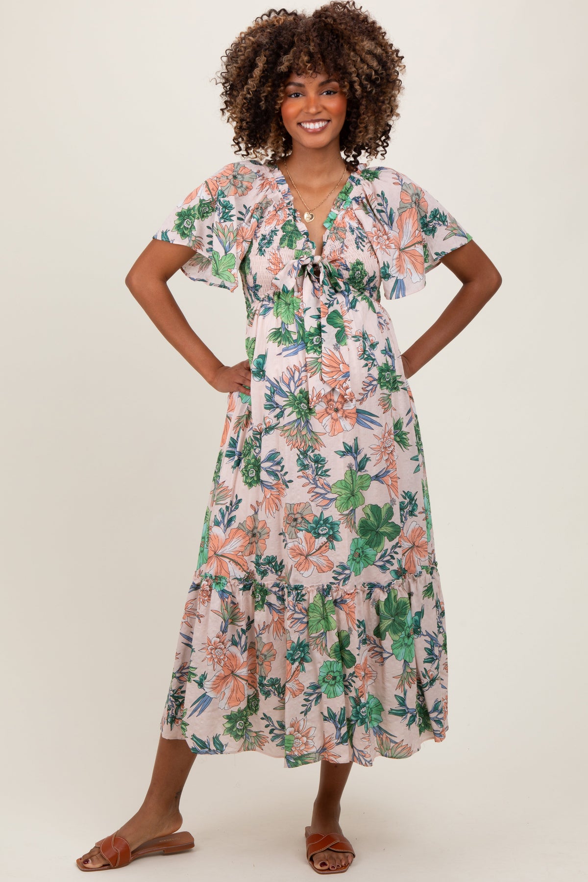 Light Pink Floral Print Woven Maternity Midi Dress