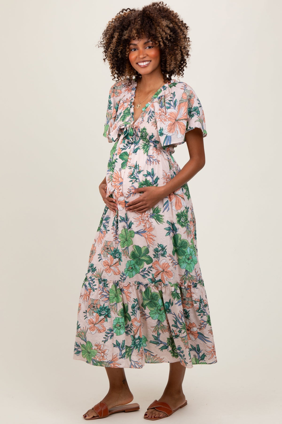 Light Pink Floral Print Woven Maternity Midi Dress