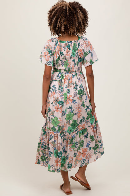 Light Pink Floral Print Woven Maternity Midi Dress