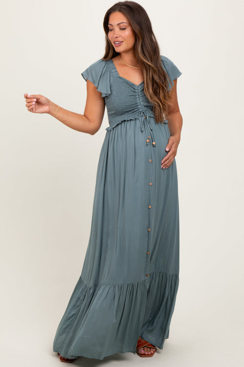 Sage Smocked Top Woven Maternity Maxi Dress