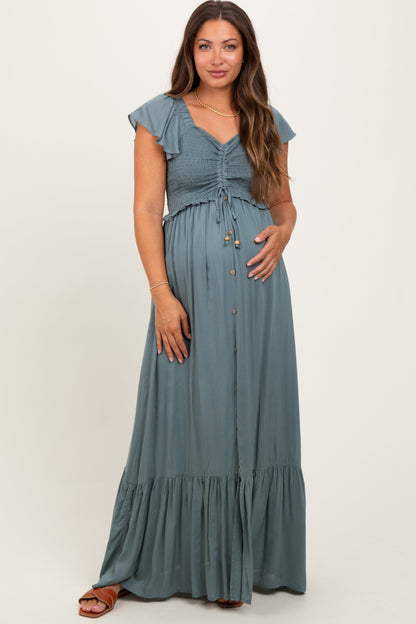 Sage Smocked Top Woven Maternity Maxi Dress