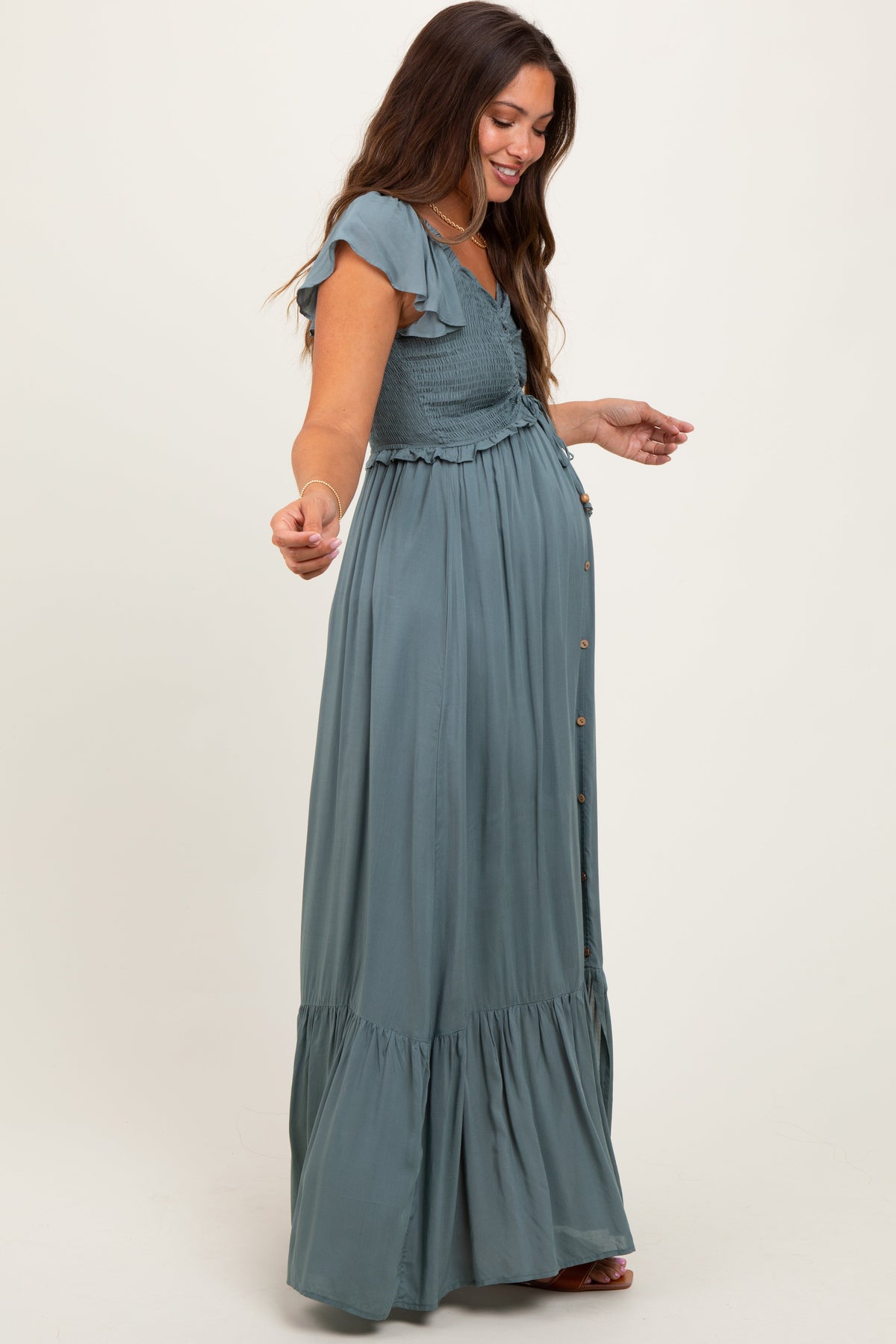 Sage Smocked Top Woven Maternity Maxi Dress