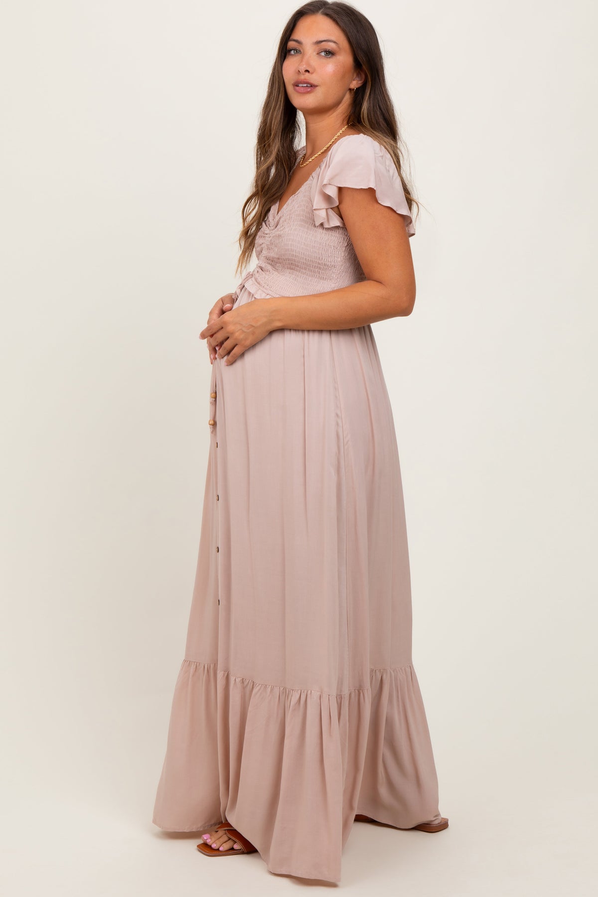 Taupe Smocked Top Woven Maternity Maxi Dress
