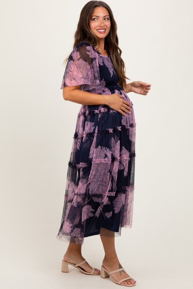 Navy Smocked Top Mesh Ruffled Maternity Midi Dress