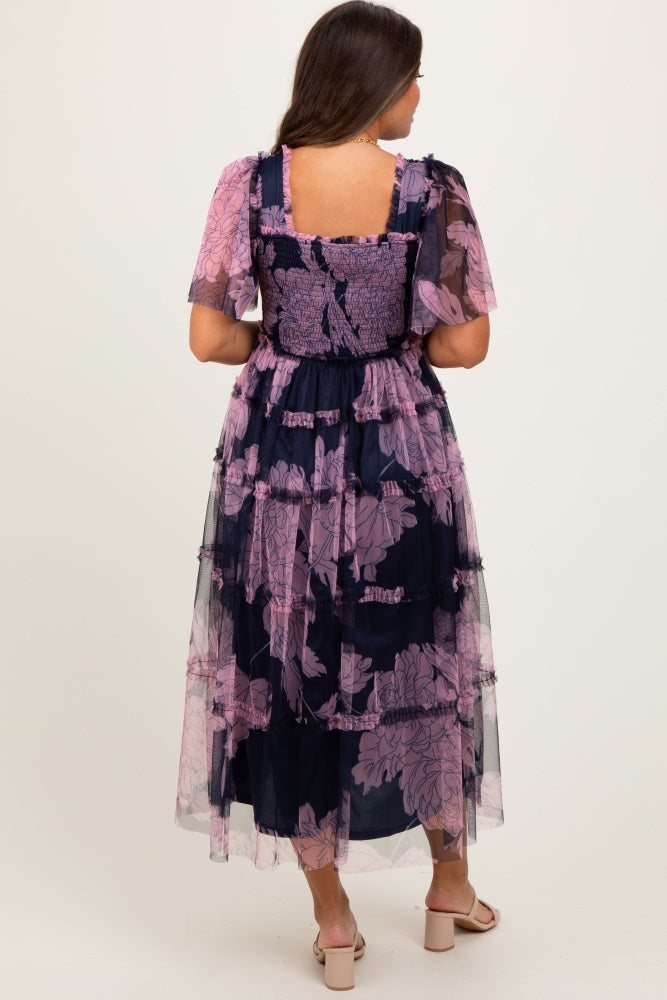 Navy Smocked Top Mesh Ruffled Maternity Midi Dress