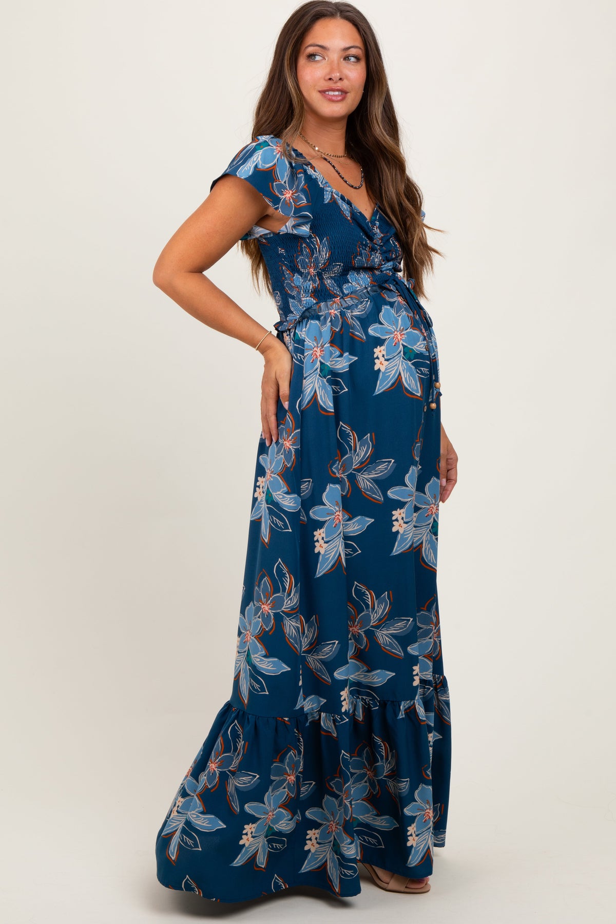 Navy Floral Smocked Cinched Top Maternity Maxi Dress
