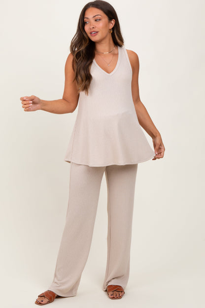 Cream Rib Knit Tank and Pant Maternity Set